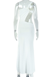 Black Sexy Solid Color Hollow Out Asymmetrical Collar Long Dresses