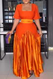 Orange Elegant Solid Color Patchwork Square Neck Long Dresses