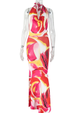 Red Sexy Print Backless V Neck Long Dresses