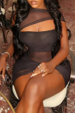 Black Sexy Solid Color See-Through O Neck Wrapped Skirt Dresses