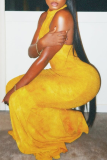 Yellow Elegant Print Backless Strap Design Halter Long Dresses