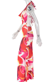 Red Sexy Print Backless V Neck Long Dresses