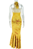 Yellow Elegant Print Backless Strap Design Halter Long Dresses