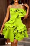 Light Green Elegant Solid Color Flounce O Neck A Line Dresses