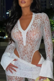 Black Sexy Solid Color Lace See-Through V Neck Long Sleeve Two Pieces