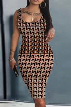 Black khaki Sexy Print Basic U Neck Wrapped Skirt Dresses