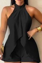 Black Casual Solid Color O Neck Regular Rompers