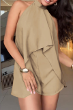 Blue Casual Solid Color O Neck Regular Rompers