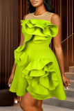 Light Green Elegant Solid Color Flounce O Neck A Line Dresses