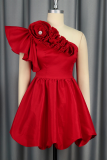 Red Elegant Solid Color Flounce Flower Shape Oblique Collar A Line Dresses
