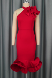 Red Elegant Solid Color Flounce O Neck Irregular Dresses