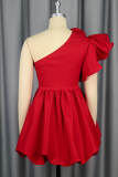 Red Elegant Solid Color Flounce Flower Shape Oblique Collar A Line Dresses