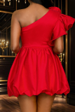 Red Elegant Solid Color Flounce Flower Shape Oblique Collar A Line Dresses