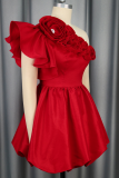 Red Elegant Solid Color Flounce Flower Shape Oblique Collar A Line Dresses