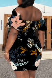 Black Sexy Print Pocket Off Shoulder Wrapped Skirt Dresses