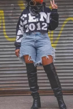 Blue Casual Solid Color Fringed Trim Irregular Mid Waist Loose Denim Shorts