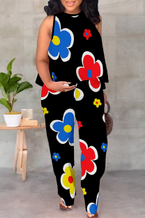 Black Casual Print Patchwork O Neck Sleeveless Two Pieces