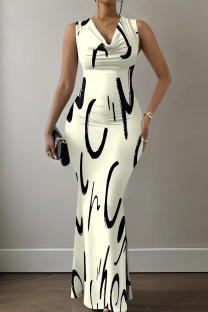 Apricot Elegant Print V Neck Long Dresses