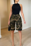 Camouflage Casual Camouflage Print Pocket Straight Mid Waist Conventional Full Print Bottoms