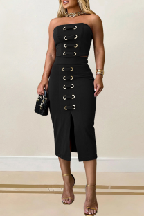 Black Sexy Solid Color Slit Strapless Sleeveless Two Pieces