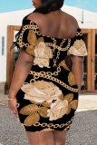 Black Sexy Print Pocket Off Shoulder Wrapped Skirt Dresses