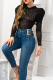 Black Casual Letters See-Through O Neck Tops