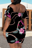 Black Sexy Print Pocket Off Shoulder Wrapped Skirt Dresses