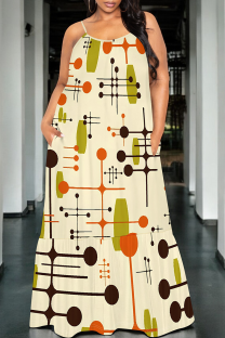 Beige Sexy Print Spaghetti Strap Long Dresses