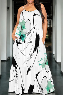 White Green Sexy Print Spaghetti Strap Long Dresses