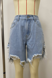 Blue Casual Solid Color Fringed Trim Irregular Mid Waist Loose Denim Shorts