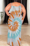 Blue Casual Print Flounce Spaghetti Strap Long Plus Size Dresses