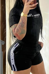 Black Casual Jacquard Letters Pocket Embroidery O Neck Short Sleeve Two Pieces