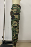 Camouflage Casual Camouflage Print Pocket Loose Mid Waist Conventional Full Print Bottoms