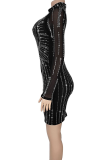 Black Sexy Solid Color Hot Drill O Neck Sheath Dresses