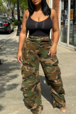 Camouflage Casual Camouflage Print Pocket Loose Mid Waist Conventional Full Print Bottoms