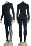 Black Casual Stripe Zipper Contrast Zipper Collar Skinny Jumpsuits
