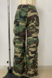 Camouflage Casual Camouflage Print Pocket Loose Mid Waist Conventional Full Print Bottoms