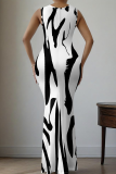 Yellow White Elegant Print V Neck Long Dresses