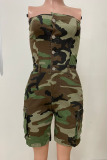 Camouflage Sexy Camouflage Print Buckle Strapless Skinny Rompers