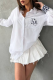 White Casual Letters Embroidered Buckle Shirt Collar Tops