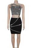Black Sexy Solid Color Hot Drill Asymmetrical Collar Sleeveless Two Pieces