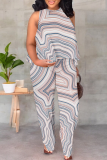 Stripe Casual Print Patchwork O Neck Sleeveless Two Pieces