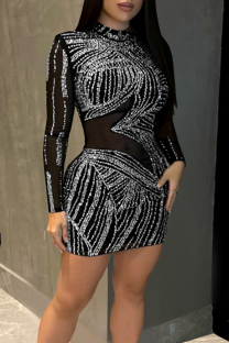 Black Sexy Solid Color Hot Drill O Neck Sheath Dresses