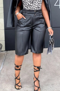 Black Casual Solid Color Pocket Straight Mid Waist Conventional Patchwork Bottoms