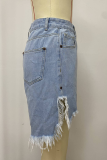 Blue Casual Solid Color Fringed Trim Irregular Mid Waist Loose Denim Shorts