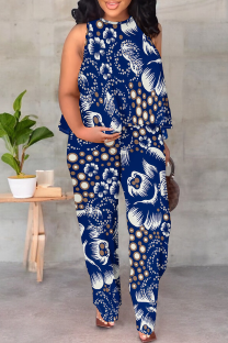 Blue Casual Print Patchwork O Neck Sleeveless Two Pieces