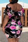 Black Sexy Print Pocket Off Shoulder Wrapped Skirt Dresses