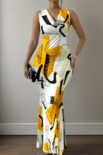Yellow White Elegant Print V Neck Long Dresses