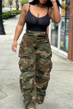 Camouflage Casual Camouflage Print Pocket Loose Mid Waist Conventional Full Print Bottoms