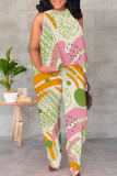 Stripe Casual Print Patchwork O Neck Sleeveless Two Pieces